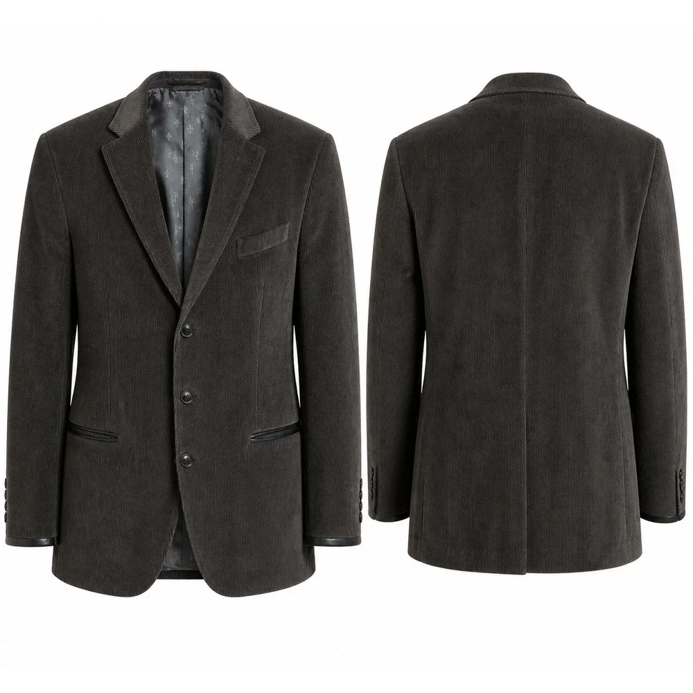 John Varvatos Mens Charcoal Grey Corduroy 3 Button Blazer Leather Trim Size‎ 40R